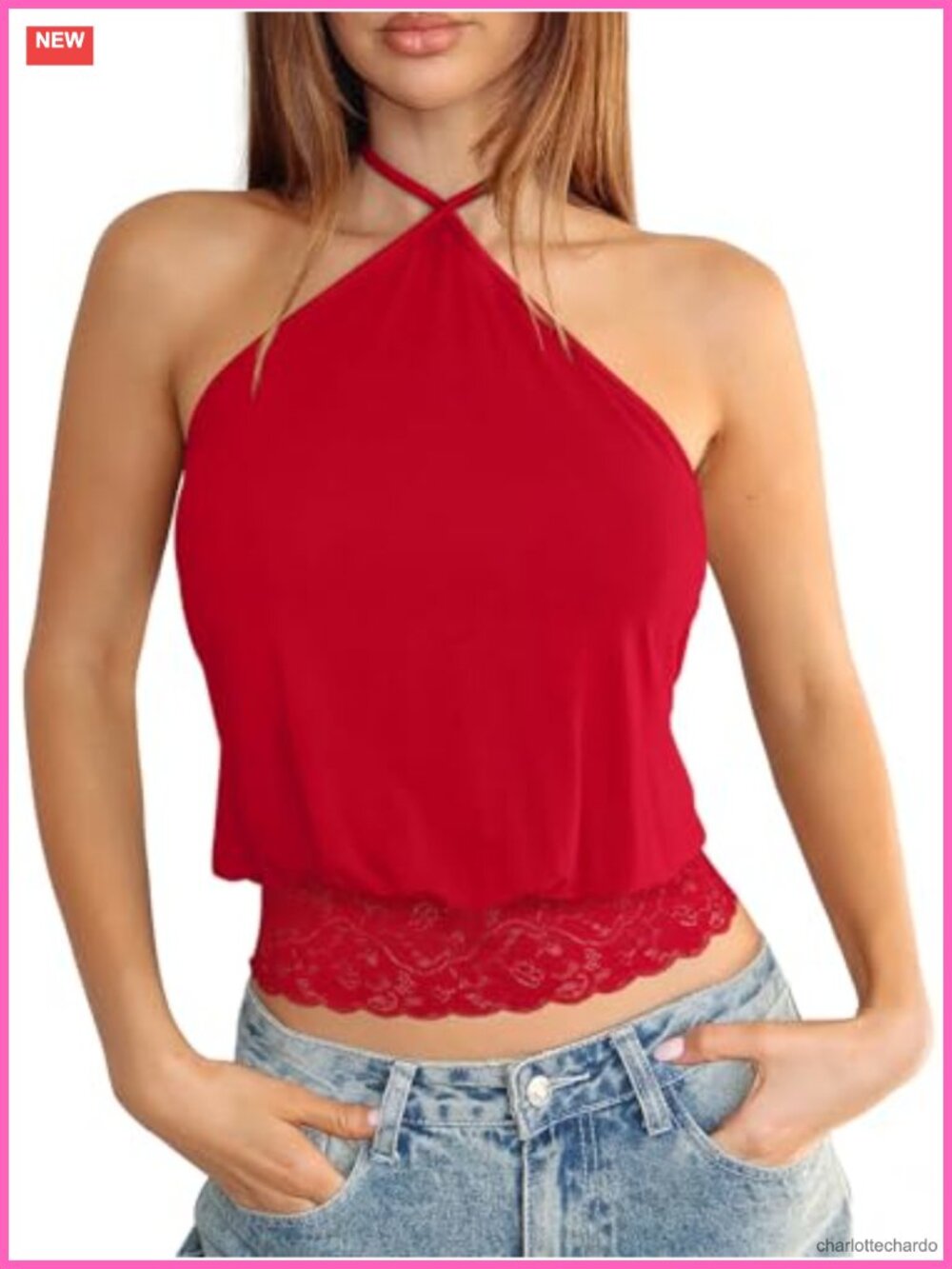 REORIA Womens Halter Tank Top Lace Trim Y2K Backless Crop Shirt